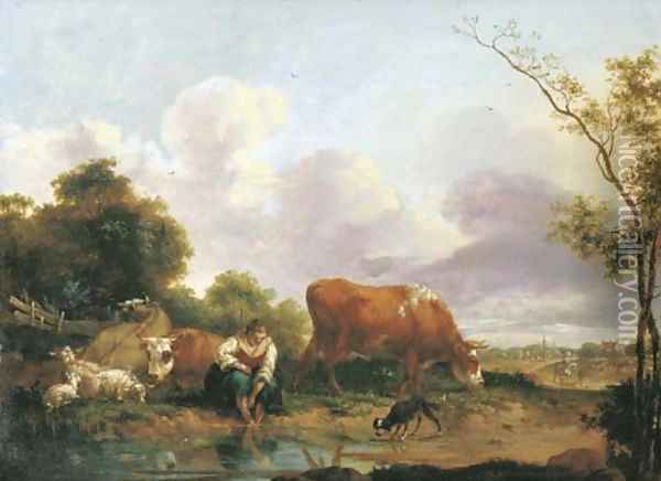 An open landscape with a shepherdess washing her feet by a brook Oil Painting - Adriaen Van De Velde