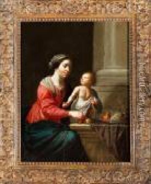 Vierge A L'enfant Avec Un Plat De Fruits Sur Un Entablement Oil Painting - Jan Van Bijlert