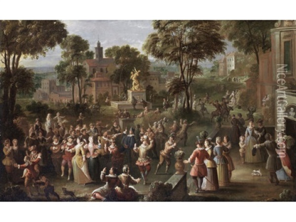 A Fete Champetre (+ And An Elegant Company At A Ball In An Italianate Garden; Pair) Oil Painting - Jan-Sebastiaen Loybos