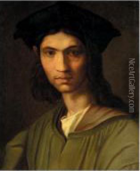 Portrait Of A Man, Head And 
Shoulders, Wearing A Green Jacket And A Black Hat, Said To Be Baccio 
Bandinelli Oil Painting - Andrea Del Sarto