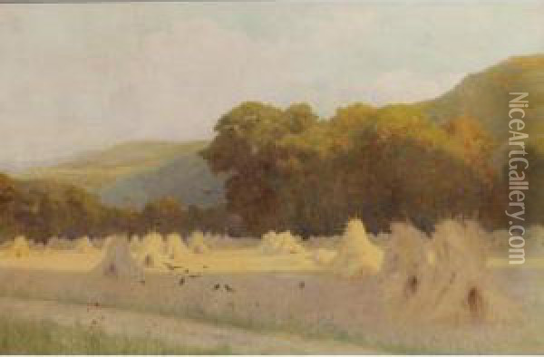 A Summer Evening: Cornstooks In A Field Near Downs Oil Painting - George Marks