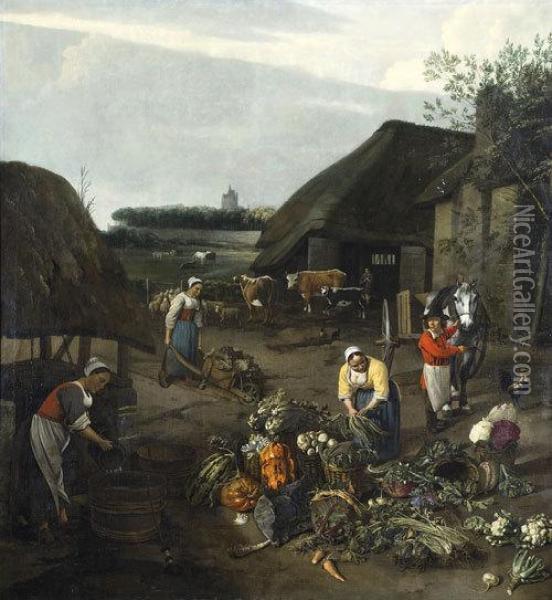 Scena Di Un Villaggio Con Contadini Che Raccolgono Ortaggi Per Il Mercato Oil Painting - Jan Siberechts