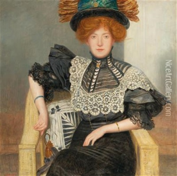 Portrait Of A Lady With Lace-trimmed Blouse And A Hat With Feathers Oil Painting - Friedrich Koenig