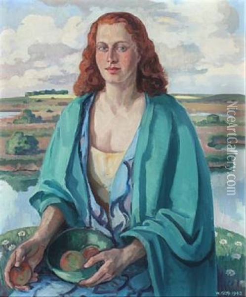 Woman With Fruit Basket In A Landscape Oil Painting - Wilfred Glud