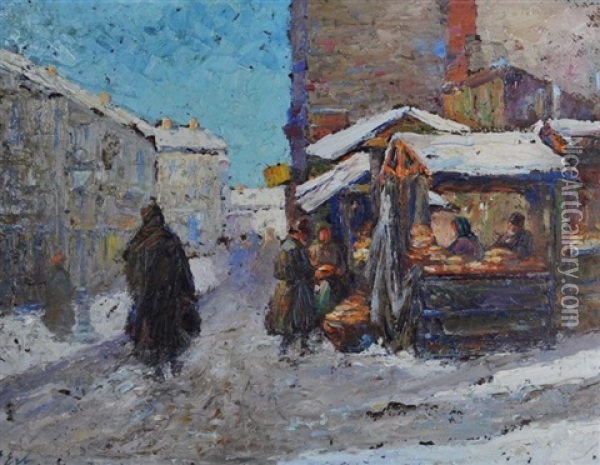 Winter Town Scene With Market Stalls Oil Painting - Erno Erb