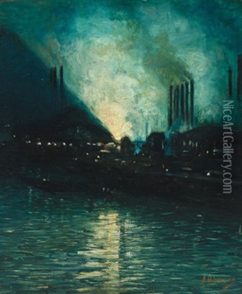 Pittsburgh Steel Mills, Evening Oil Painting - Aaron Harry Gorson