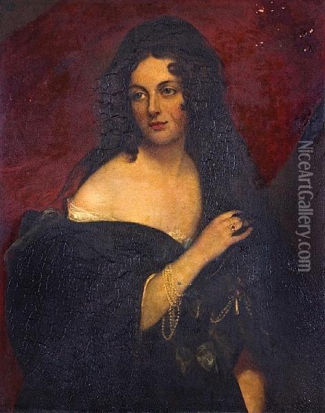 Portrait Of Lady Said To Be The 
Countess Of Essex Half Length, Wearing A Veil Over Her Hair. Oil Painting - Thomas Phillips
