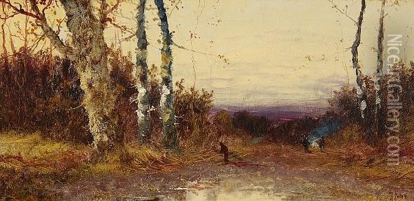 Wooded Country Lane With Figure, And Another Similar Oil Painting - Henry Charles Fox