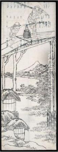 Dessin : Une Femme Et Un Jeune Garcon Traversent Un Pont Oil Painting - Katsushika Hokusai
