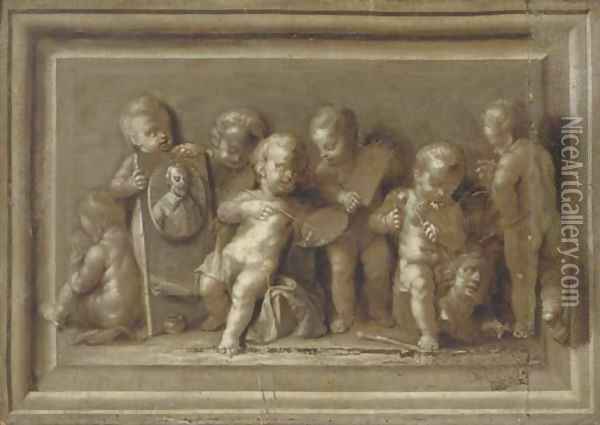 An allegory of art Putti disporting with a portrait of the artist, en grisaille Oil Painting - Louys Aernoutsz Elsevier