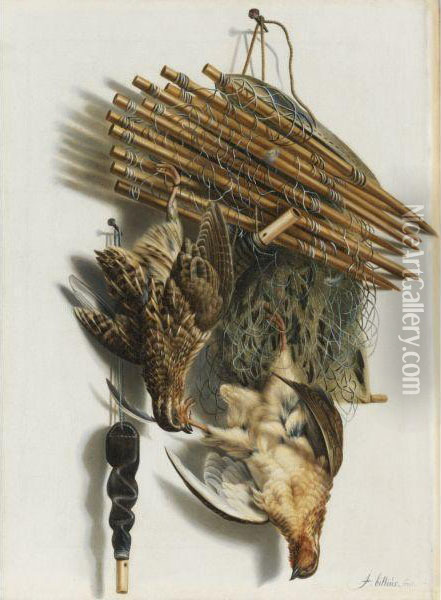 Trompe L'oeil Still Life With Two Quails, A Bird Net And Awhistle Oil Painting - Jacobus Biltius