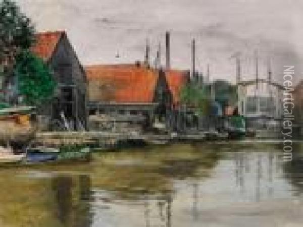 Ansicht Von Dordrecht Mit Bootswerften Am Ufer Oil Painting - Franz Skarbina