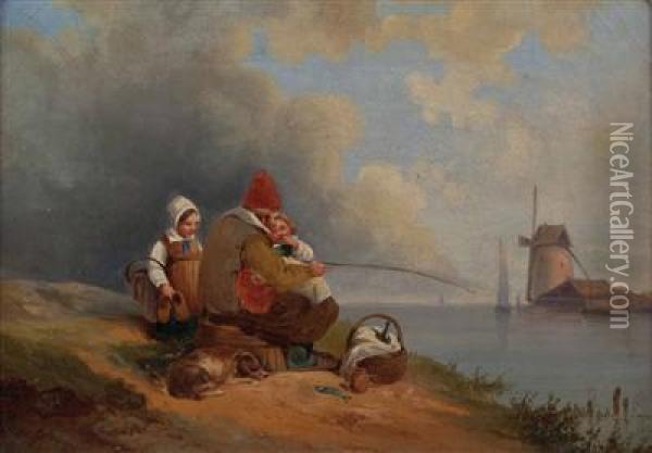 Angler Mit Seinen Kindern An Einer Meeresbucht Mit Windmuhle Oil Painting - Eduard Hildebrandt