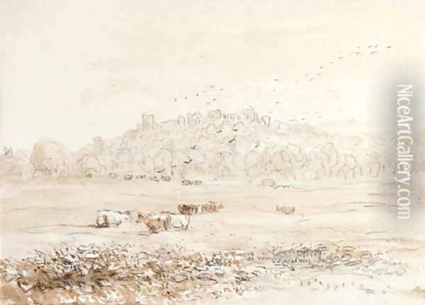 Richmond Castle, Yorkshire from the meadows Oil Painting - David Cox