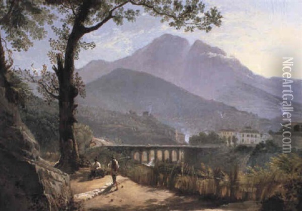 Italian Hills With An Aqueduct Oil Painting - Anton Sminck Pitloo