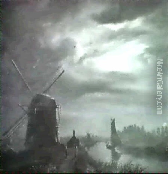 Windmuhle Im Mondenschein Oil Painting - Petrus van Schendel