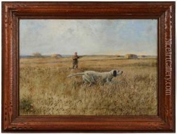 Pointer And Hunter In A Hayfield Oil Painting - H(erman) Rice