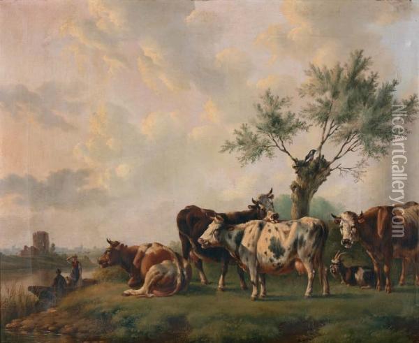 Landschap Met Rustend Vee Bij Wilgenboom Oil Painting - Albertus Verhoesen