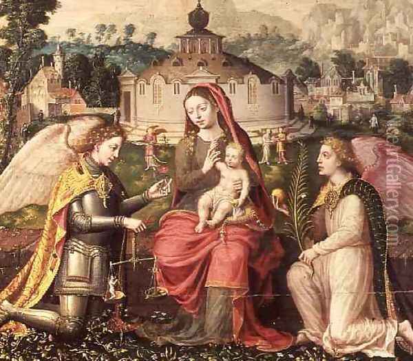 Virgin and Child with the Archangels Michael Gabriel and Raphael Oil Painting - Lucas de Heere