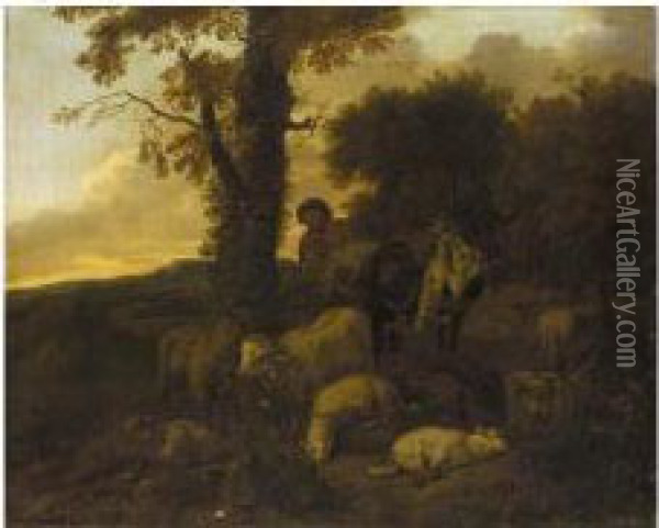 Landscape With A Shepherd And His Flock Oil Painting - Jacob Van Der Does I