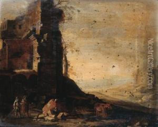 Travellers By Classical Ruins In An Italianate Landscape Oil Painting - Dirck Verhaert