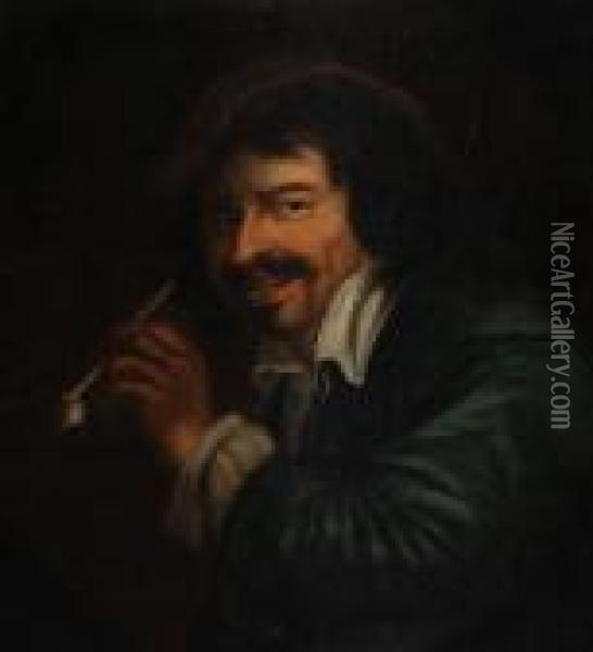 Portrait Of A Man With A Pipe, In A Paintedoval Oil Painting - Adriaen Brouwer