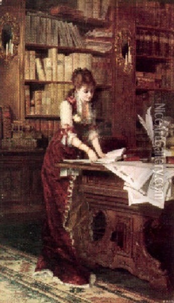 In The Library Oil Painting - Conrad Kiesel