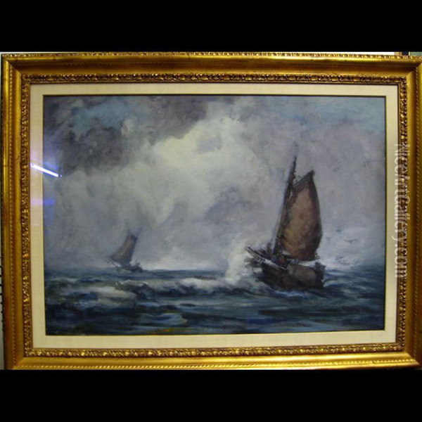 Sailing Barges In Rough Seas Oil Painting - Georges Chavignaud