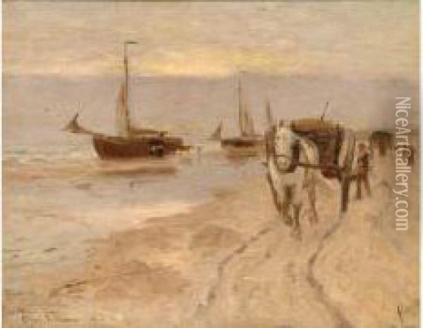 La Charette De Pecheur Sur La Plage Oil Painting - William Henry Howe
