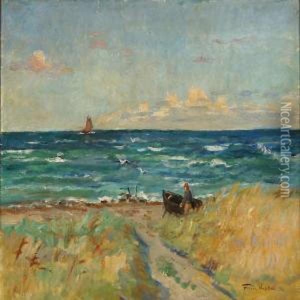 Coastal Scene From Skagen With A Fisherman Oil Painting - Poul Friis Nybo