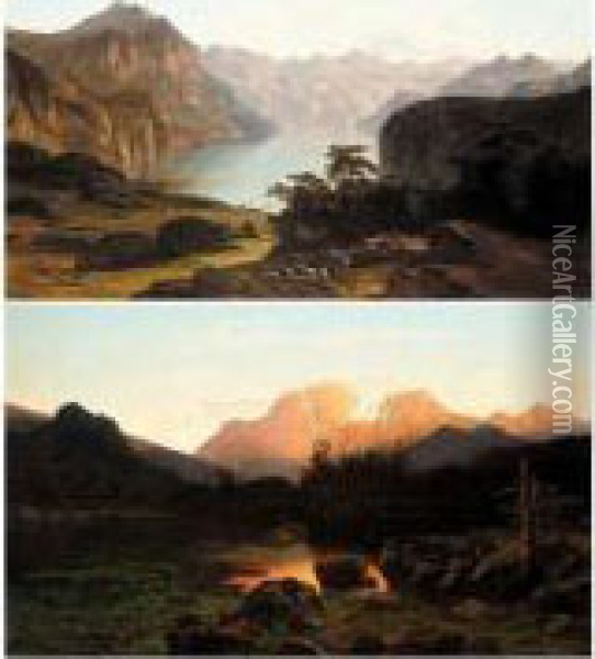 Alpine Lake Scenes Oil Painting - Francois Roffiaen