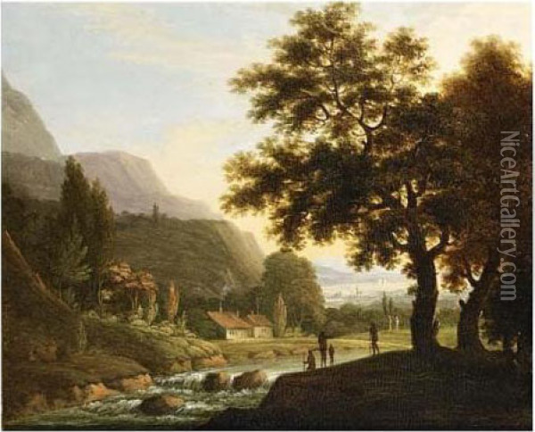 A Hilly Wooded River Landscape With Travellers Conversing Under A Tree Near A Waterfall Oil Painting - Johann Christian Vollerdt or Vollaert