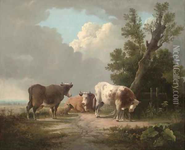 Cattle and a sheep in an extensive landscape Oil Painting - Charles Towne