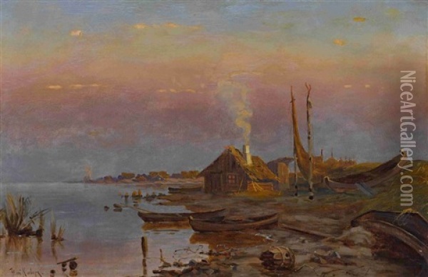 Abendliche Uferlandschaft Mit Fischerhutten Oil Painting - Yuliy Yulevich (Julius) Klever