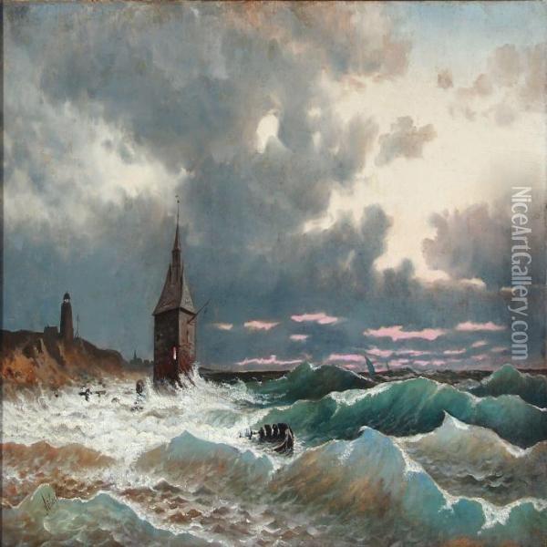 Tall Waves At A Coast, Sunset Oil Painting - Ivan Konstantinovich Aivazovsky