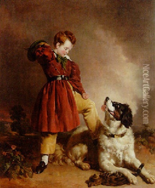 A Boy Standing In A Landscape With A Dog And Kitten Oil Painting - John Mogford