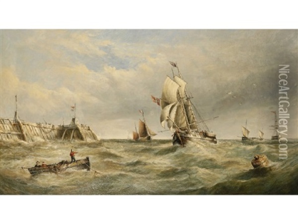 Shipping In Choppy Seas Beside A Harbor Wall Oil Painting - Henry King Taylor