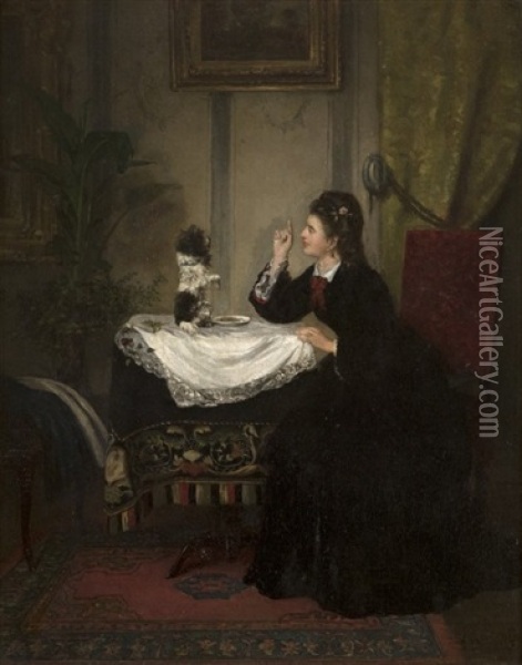 Woman Feeding Her Dog On The Table Oil Painting - Hermann Philips