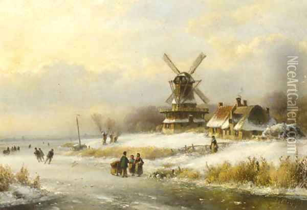 Skaters on a frozen waterway by a windmill Oil Painting - Lodewijk Johannes Kleijn