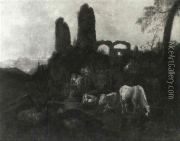 Peasant Family In A Landscape With Cattle, Ruins Beyond Oil Painting - Johann Heinrich Roos
