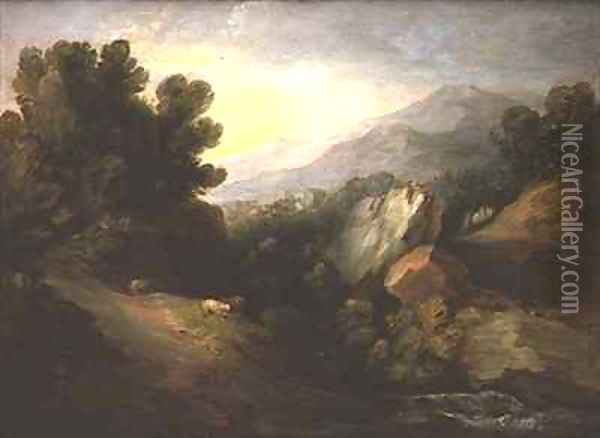 Rocky wooded landscape with sheep by a waterfall Oil Painting - Thomas Gainsborough