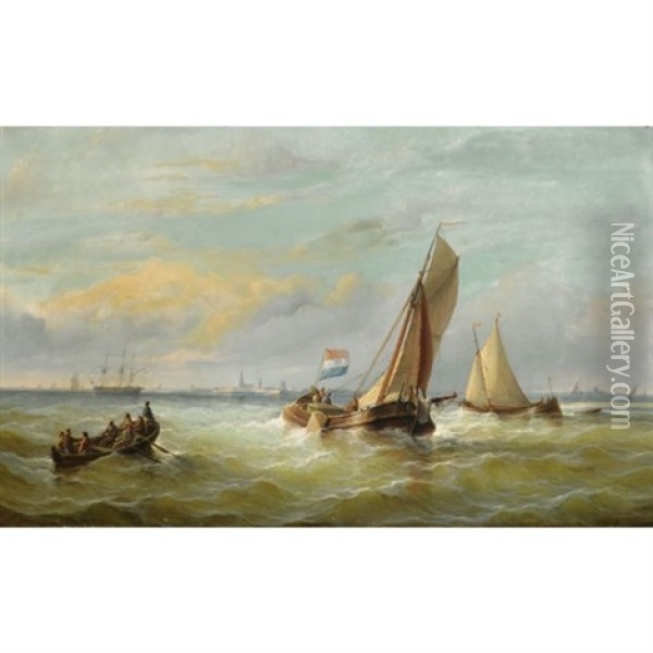 Fishing Boats On Choppy Waters, Vlissingen (?) In The Background Oil Painting - Christian Cornelis Kannemans