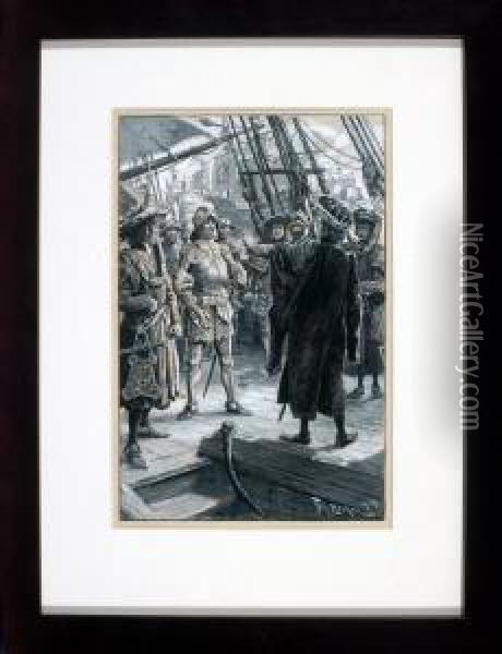 Historische Szene - Konig Mit Gefolge Auf Deck Eines Segelschiffes Oil Painting - Fritz Bergen