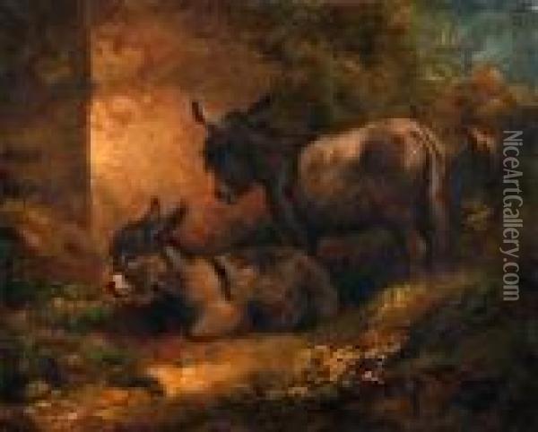 Donkeys By A Barn Oil Painting - George Morland