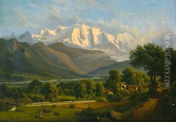 Im Hintergrund Aufragendes Gletschermassiv Imsonnigen Licht Oil Painting - Johann Anton Castell