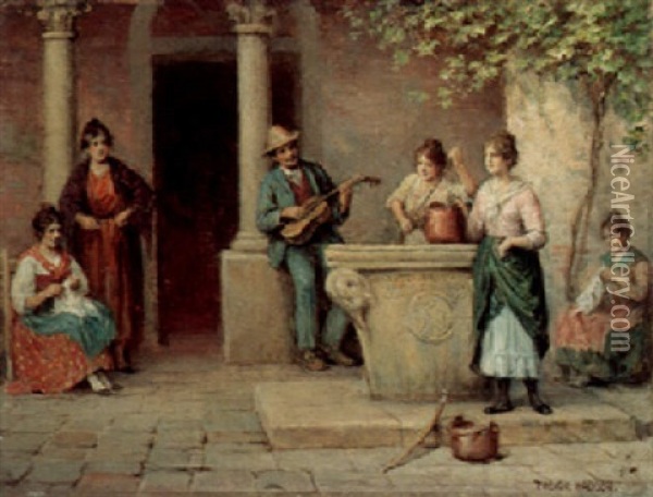 Collecting Water And Entertainment At The Well Oil Painting - Arthur Trevor Haddon