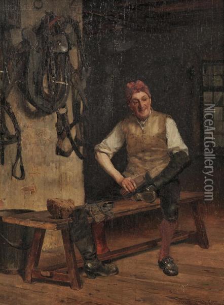 Groom Polishing Riding Boots Oil Painting - Walter Gay