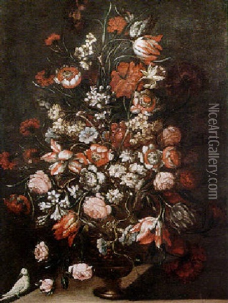 Still Life Of Various Flowers In An Ormolu Vase Oil Painting - Mario Nuzzi