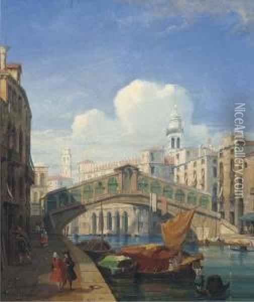 Figures Before The Rialto Bridge, Venice Oil Painting - Jules Romain Joyant