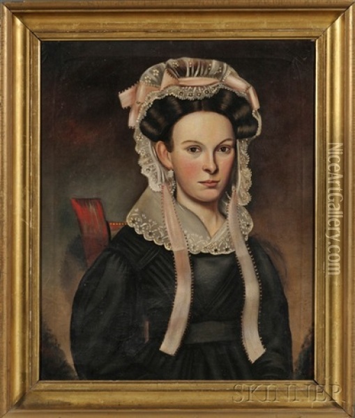 Portrait Of A Young Woman Wearing A Fancy Pink-ribboned Lace Bonnet Oil Painting - Milton W. Hopkins
